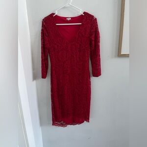 GUESS Red V Neck Lace Dress - Small
